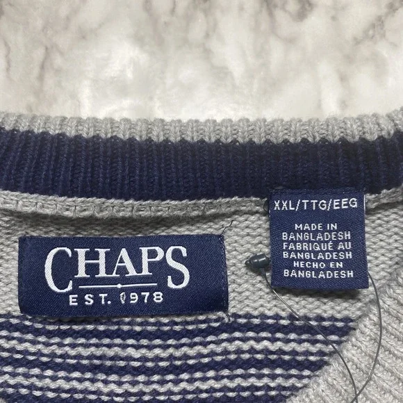 CHAPS Sweater Mens Size 2XL Gray Navy Striped Embroidered Logo NWT - Picture 4 of 9